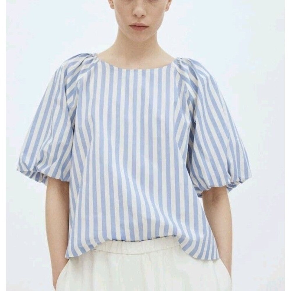 H&M Sz XXL Puffed Sleeve Blouse Blue White Stripes Relaxed Fit Cotton Nautical